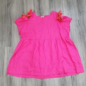 Chalet Dress Womens Extra Large Pink Linen Bow Shoulder Made USA Vibrant Boho